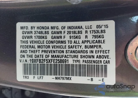 2015 Honda Civic Lx from USA, damaged, VIN 19XFB2F5XFE258691